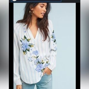 Anthropologie Akemi + Kin Floral Embroidered Stripe Long Sleeve Blouse